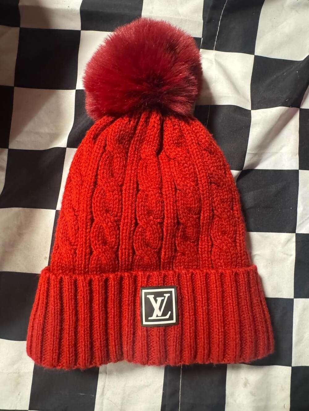 Red Pom Pom Knit Beanie Hat With" LV  inspired "Patch